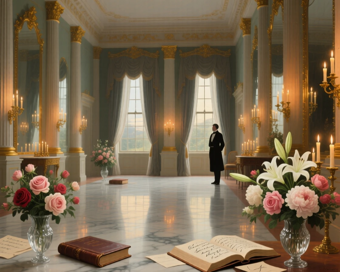 A grand ballroom with mirrored walls multiplying candlelight endlessly catching the first light of morning through tall windows, set within a private estate untouched by passing time, with fresh flowers, open books, and half-finished correspondence scattered about; strong vertical lines of columns lead the eye upward toward the light, evoking timeless grandeur and quiet reverence.