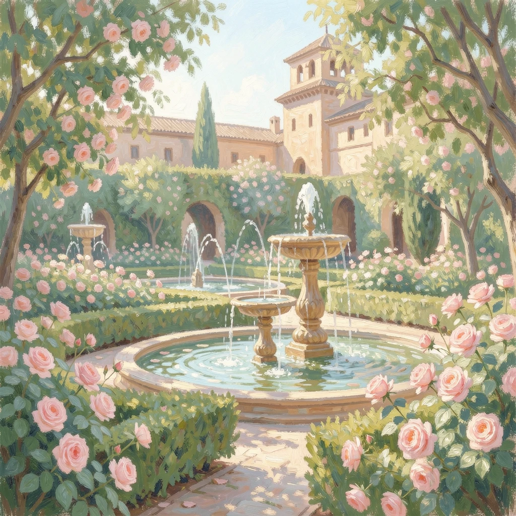 The Alhambra palace gardens in Granada, fountains trickling among manicured hedges and blooming roses.