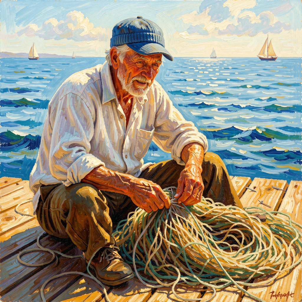 An elderly fisherman with a weathered face and kind eyes, mending a net on a sunlit dock.