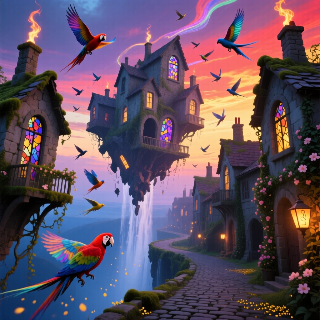 A school of stone houses swimming through open sky tilts at an impossible angle without ever falling, while flocks of birds weave between its floating pieces.