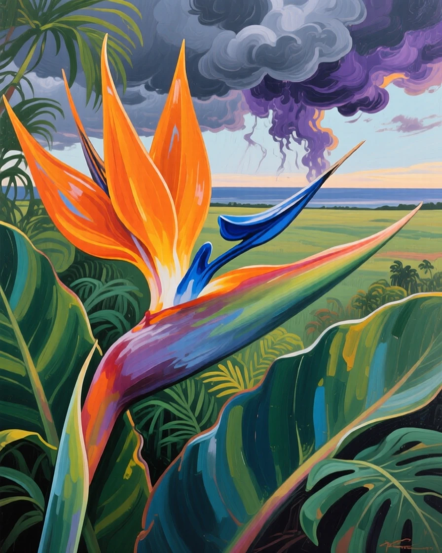 A close-up of a Birds of Paradise flower shows its vivid orange and blue petals resembling a crane's head, tropical leaves framing the composition, distant weather visible on the horizon hinting at conditions that will arrive within the hour.