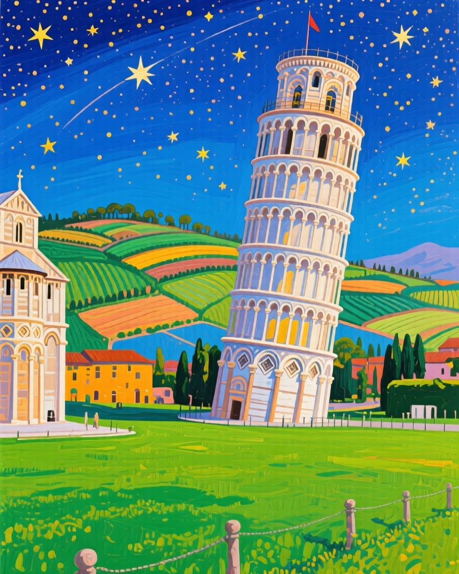 The Leaning Tower of Pisa beside a quiet green lawn, under a blanket of stars, terraced fields spreading out below
