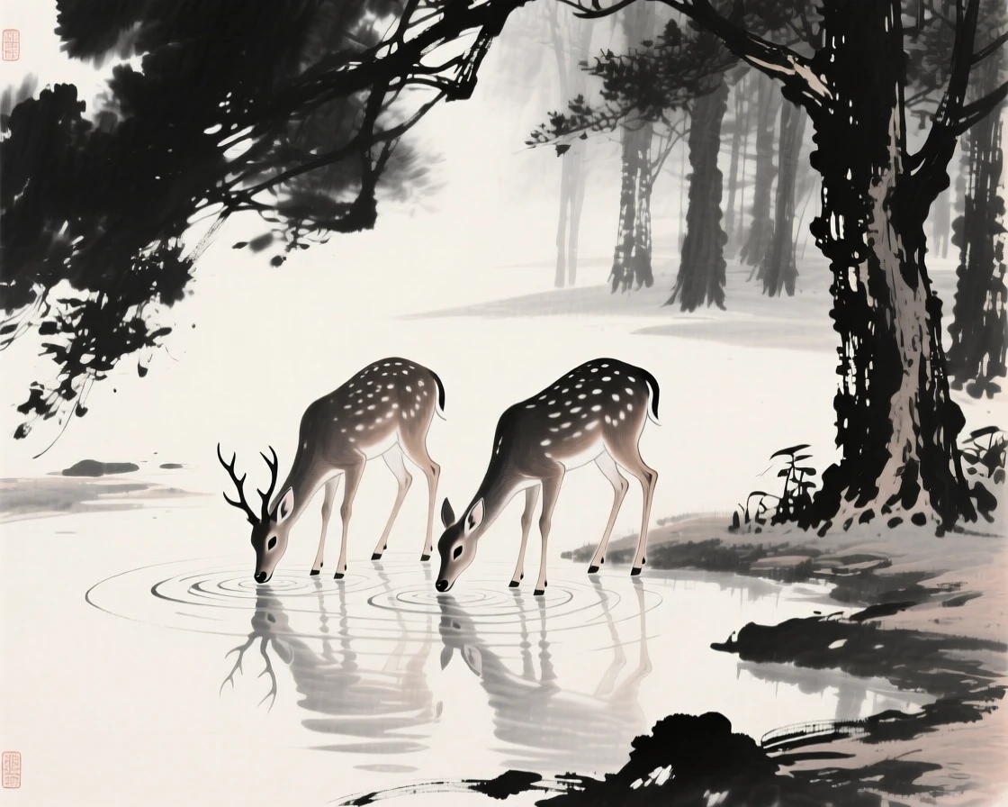 A pair of deer drink from a still forest pool, with the forest quiet and still around them.