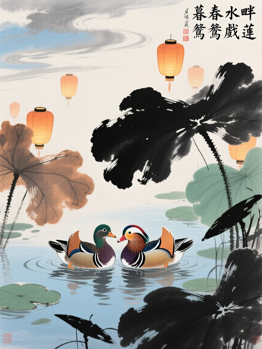 A pair of mandarin ducks swimming among lotus leaves, under a sky streaked with clouds, carrying a mood of wistful nostalgia, as lanterns are lit for the evening.