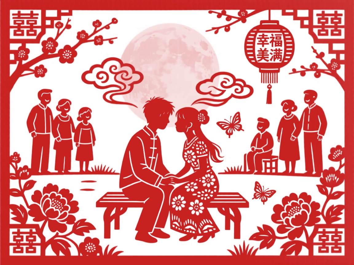 A young couple sharing a quiet moment in a moonlit garden, family and friends watching with joyful smiles.