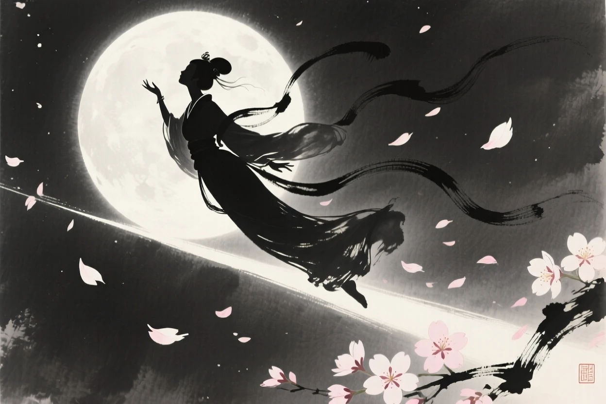 A celestial maiden descending on a beam of moonlight amid drifting cherry blossom petals, seen from below, looking up in quiet awe, evoking wonder, myth, and quiet reverence.