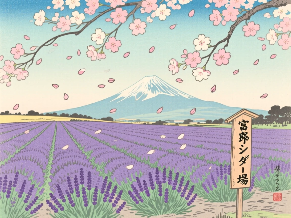 A field of blooming lavender beneath a canopy of drifting petals.