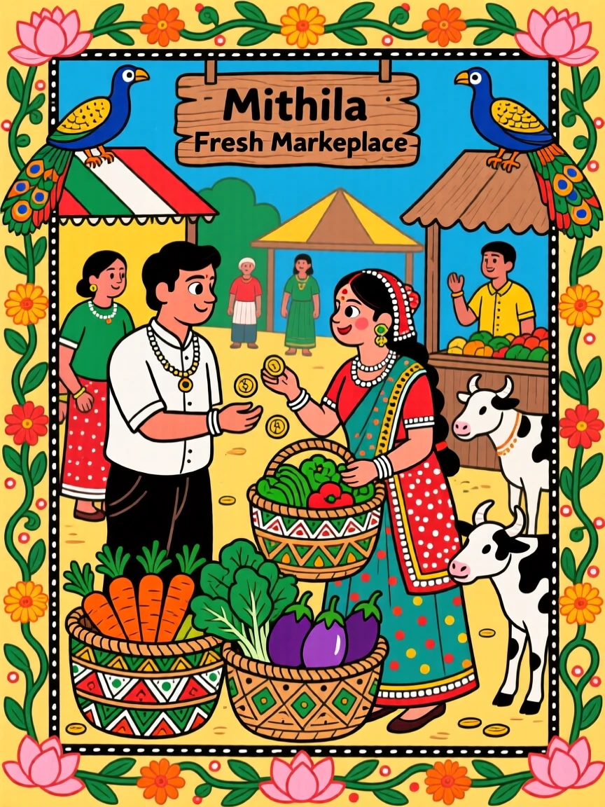 Villagers bargaining cheerfully over baskets of fresh vegetables.