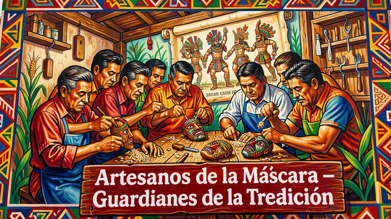 A group of craftsmen carving detailed masks for a festival