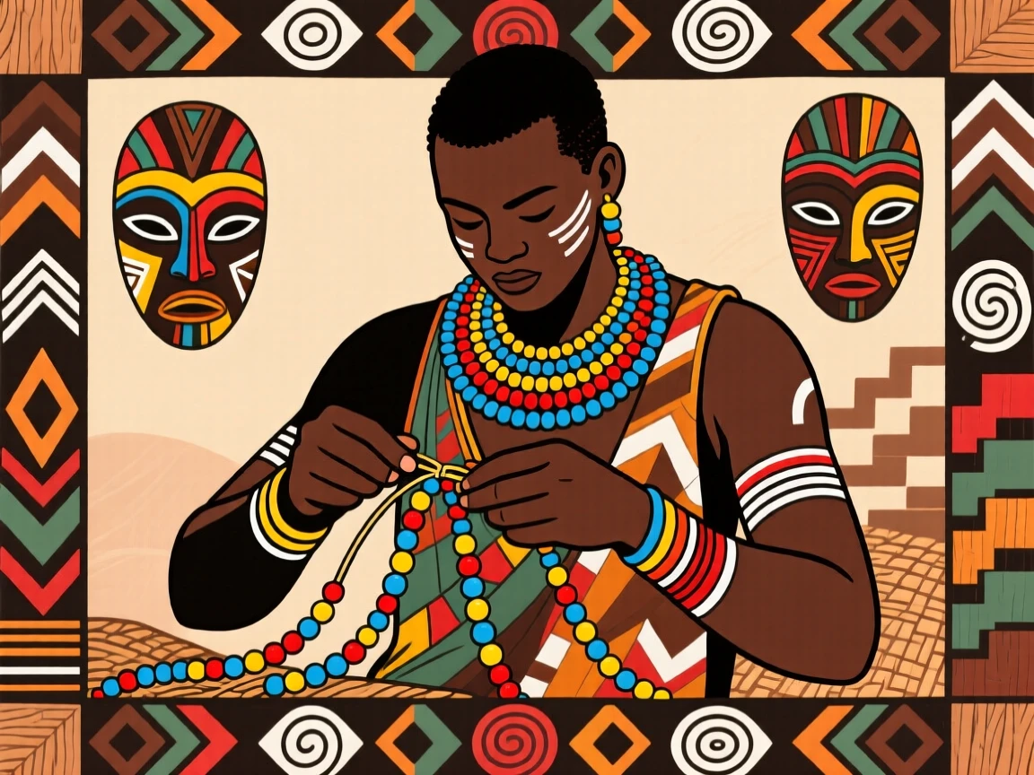 A beadworker threading colorful beads into a necklace.