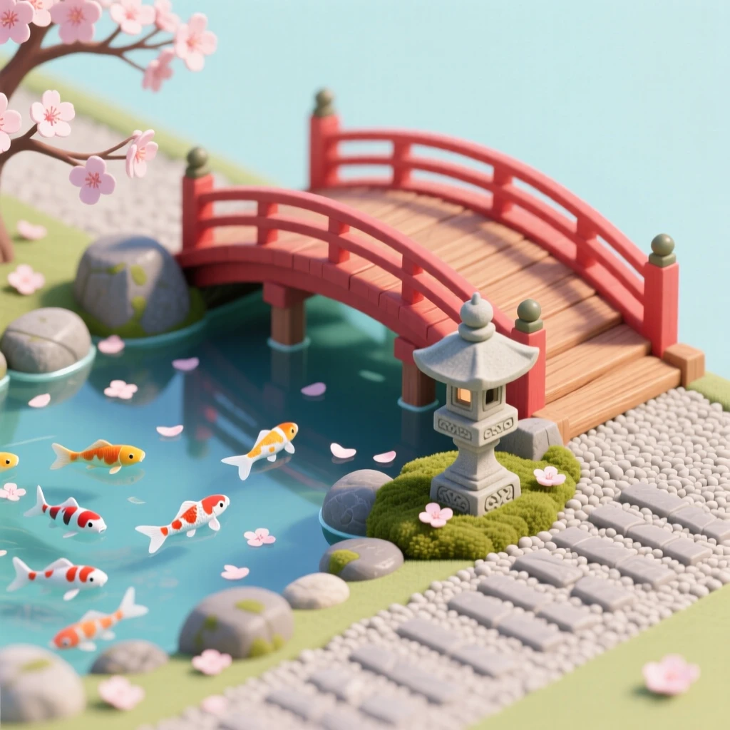 A tranquil Japanese garden with a red arched bridge over a koi pond, cherry blossoms drifting on the breeze, and a stone lantern beside a raked gravel path.