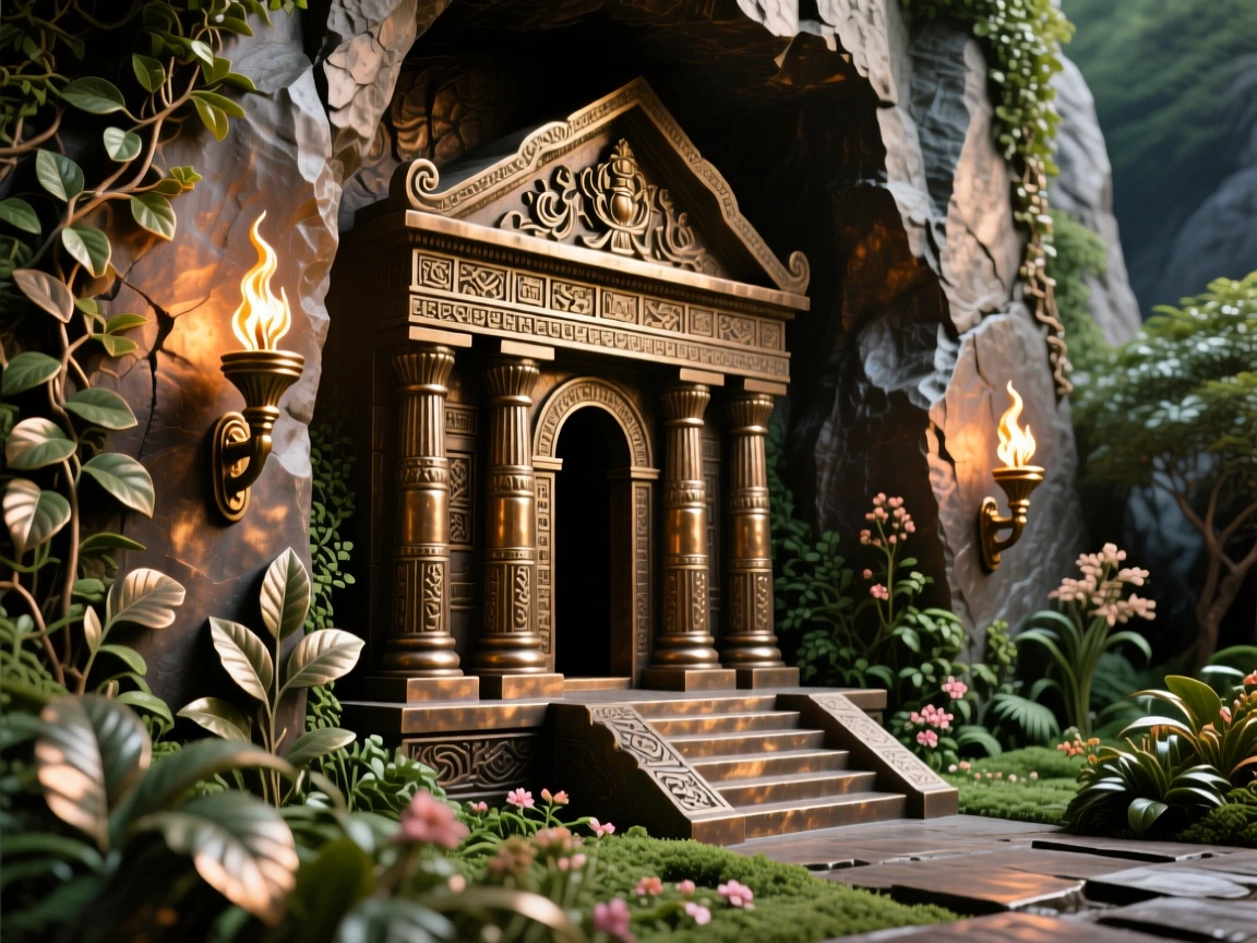 An ancient rock-cut temple lit by torches, surrounded by lush, verdant gardens, exuding timeless grandeur