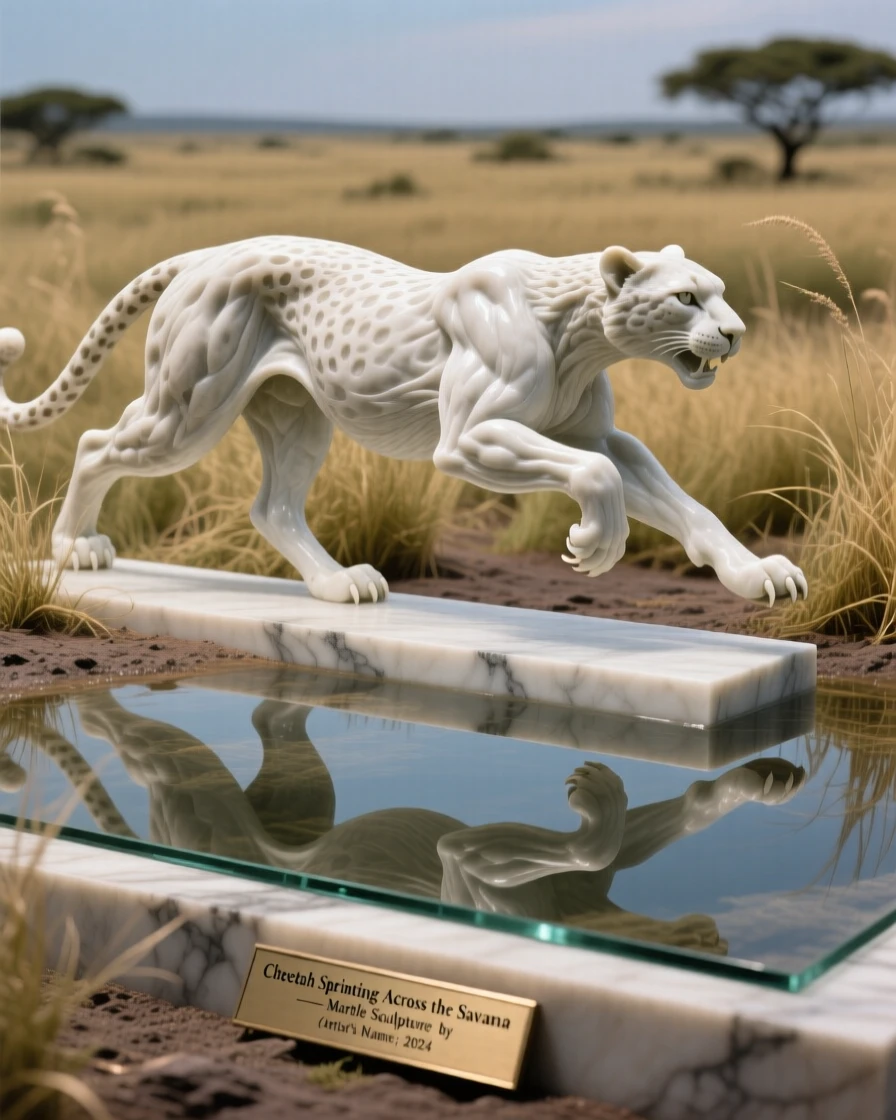 A cheetah sprinting across the savanna captured in a powerful, dignified pose reflected in still, glassy water