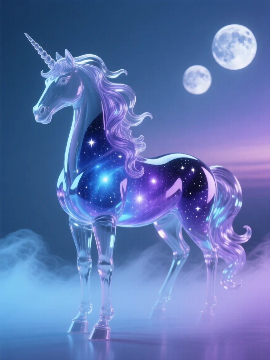 A starlit unicorn with a flowing galaxy-patterned mane under a twilight sky filled with two moons, atmospheric fog rolling through the scene, feeling mysterious and enchanting.