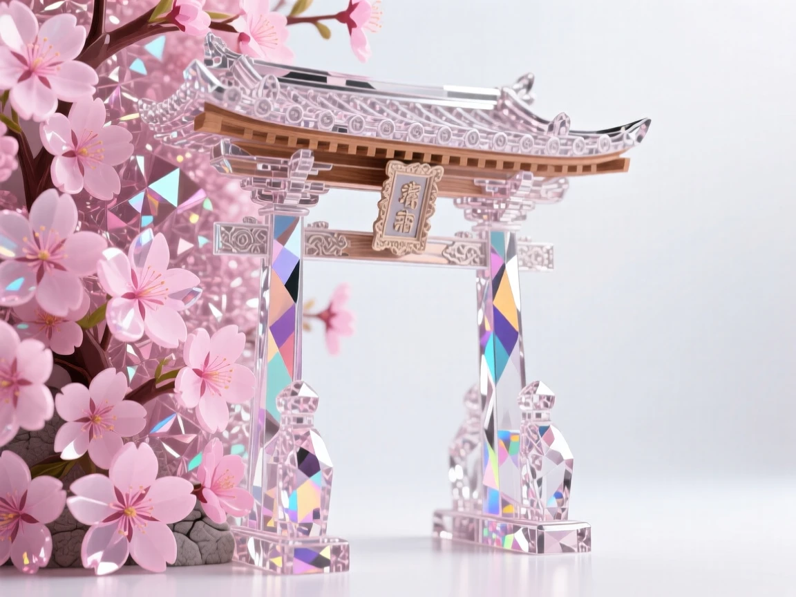 A cascading wall of pink cherry blossoms framing an ancient temple gate.