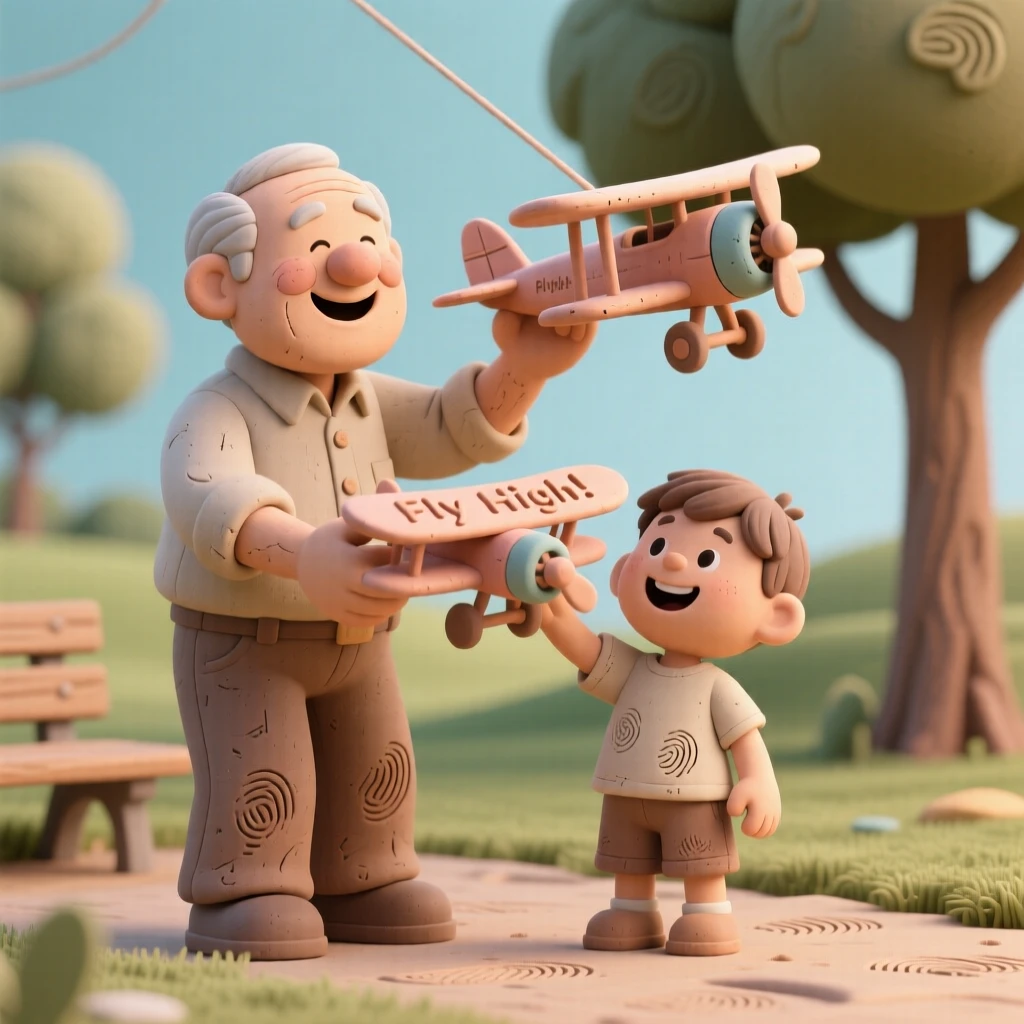 A grandfather flying a model airplane with his grandson in a park