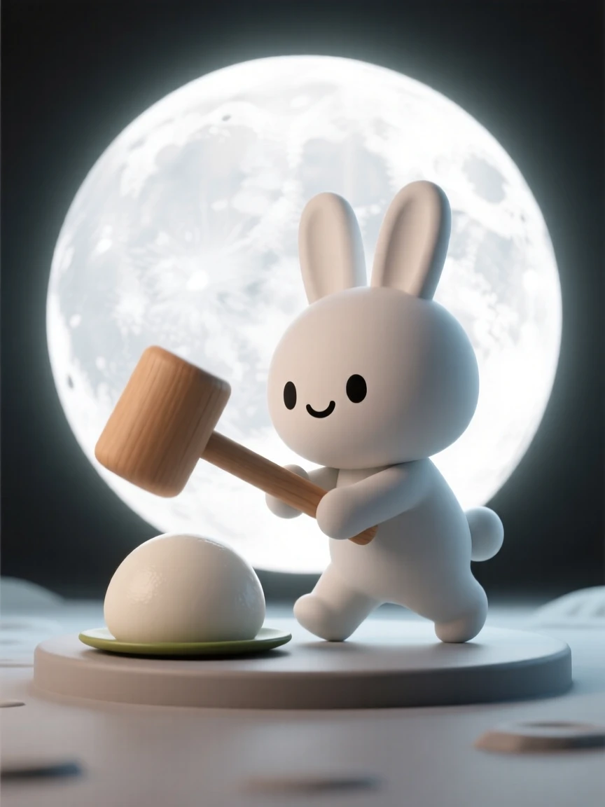 A gentle moon rabbit pounds mochi with a wooden mallet on the surface of a glowing full moon.