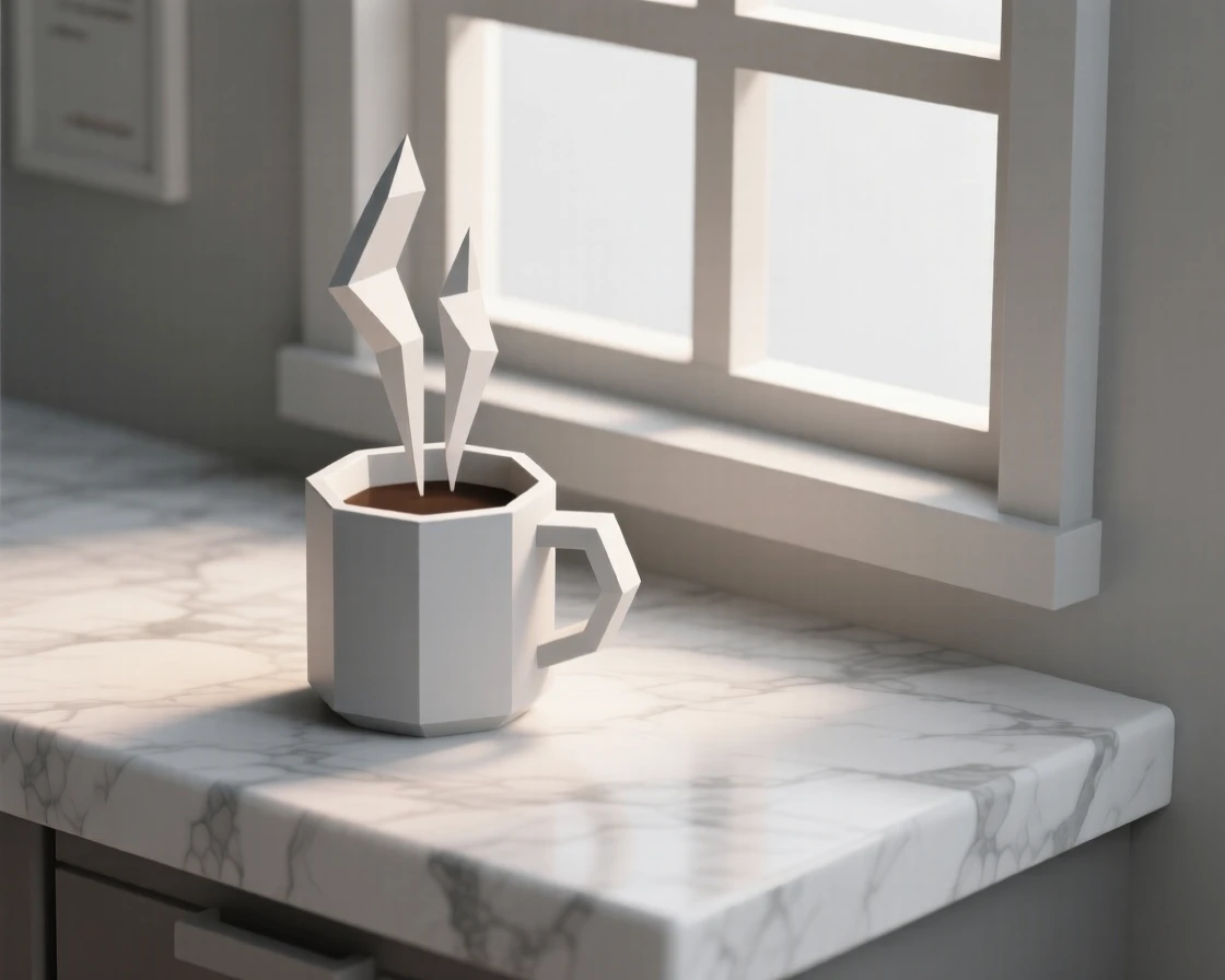 A steaming cup of coffee beside a cozy window, on a marble countertop. soft natural light highlights rich textures and colors. The scene feels warm and comforting.
