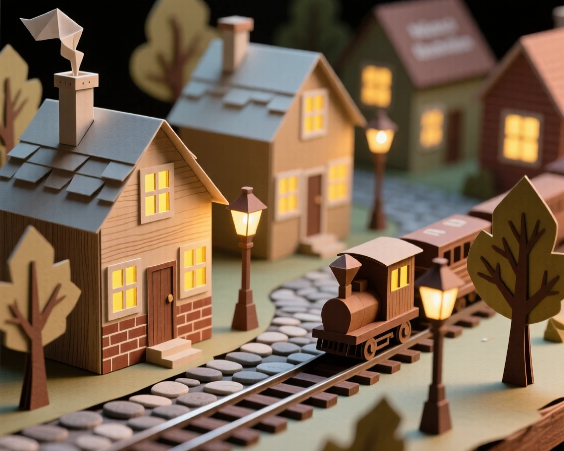 A model train enthusiast's detailed miniature village display, tiny lights glowing in intricately built houses, evoking nostalgic imagination.