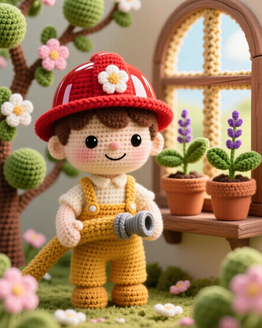 A charming scene of a small boy firefighter with a shiny red helmet and suspenders, holding a hose ready to help inside a blooming orchard on a warm afternoon; a potted herb garden on the sill adds to the moment, full of warm, homespun charm and quiet dedication.