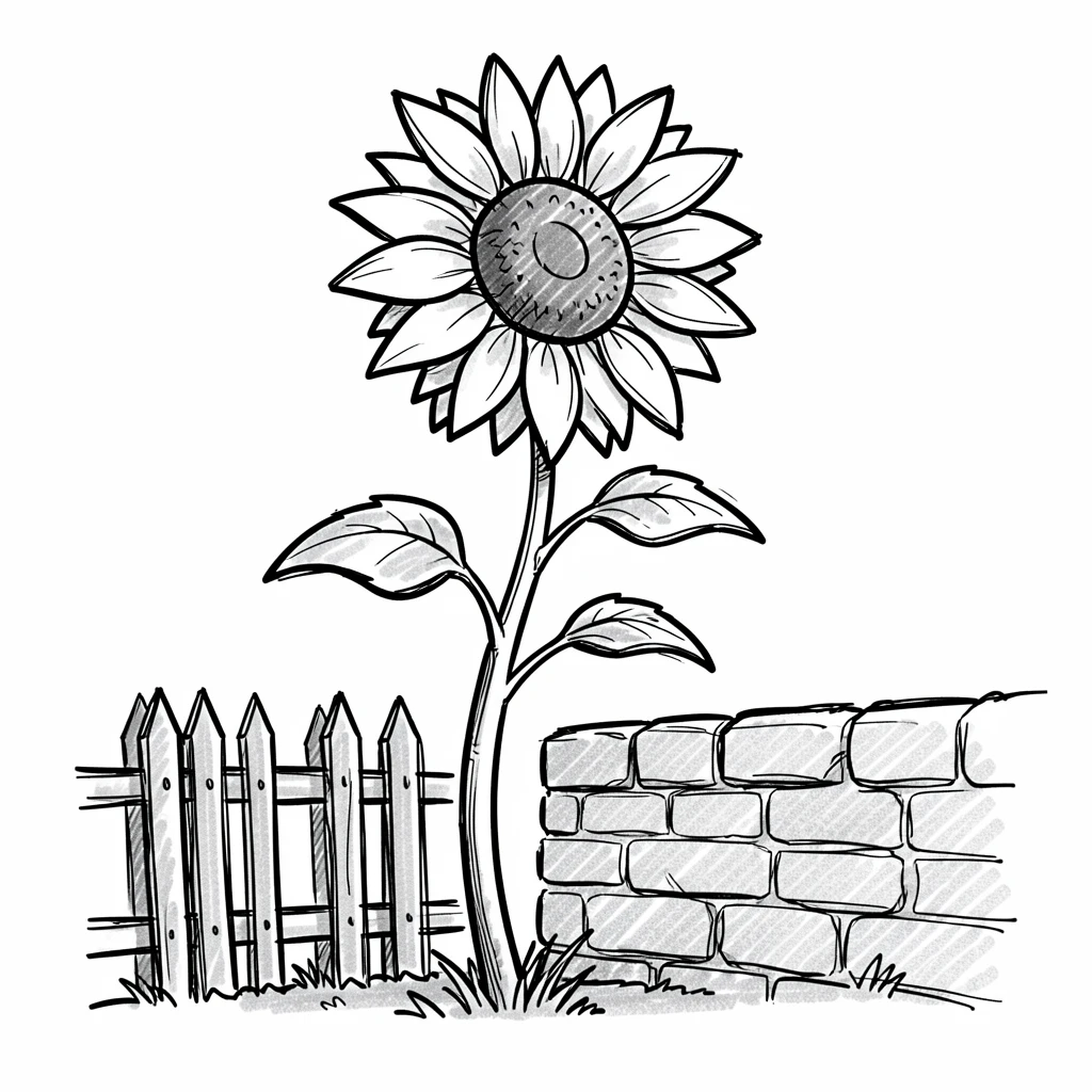 A single sunflower taller than a fence along a stone garden wall.