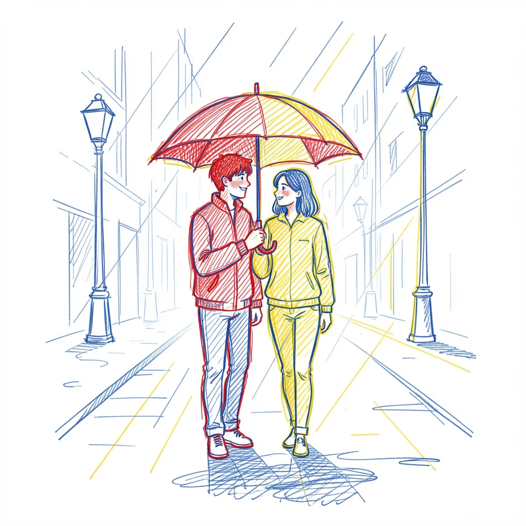 A young couple sharing an umbrella while walking through a rainy city street