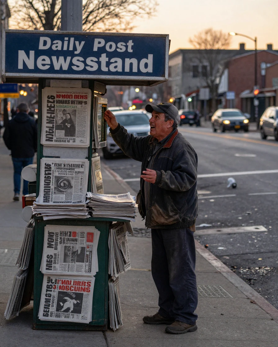 A newspaper vendor calls out headlines from a corner kiosk at dawn.
