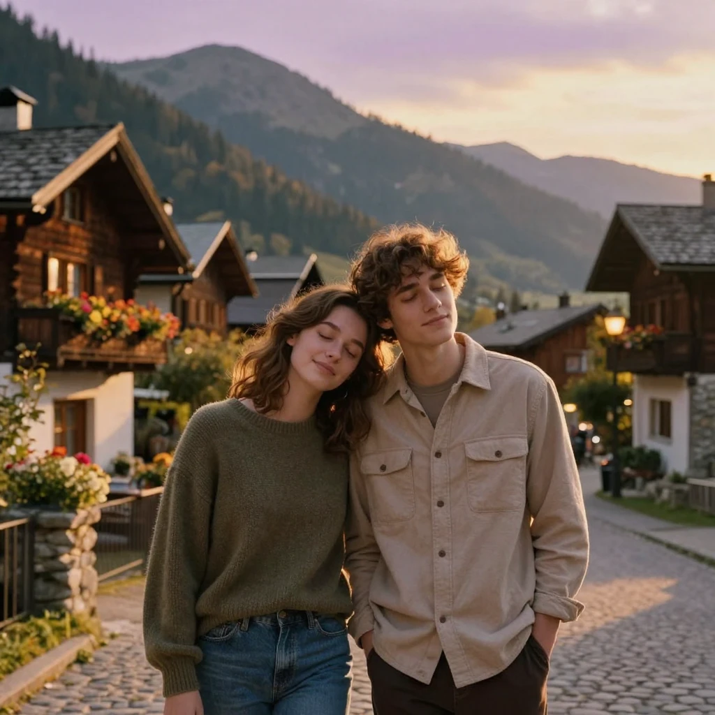 Best friends leaning on each other's shoulders in a quiet mountain village, content and unhurried