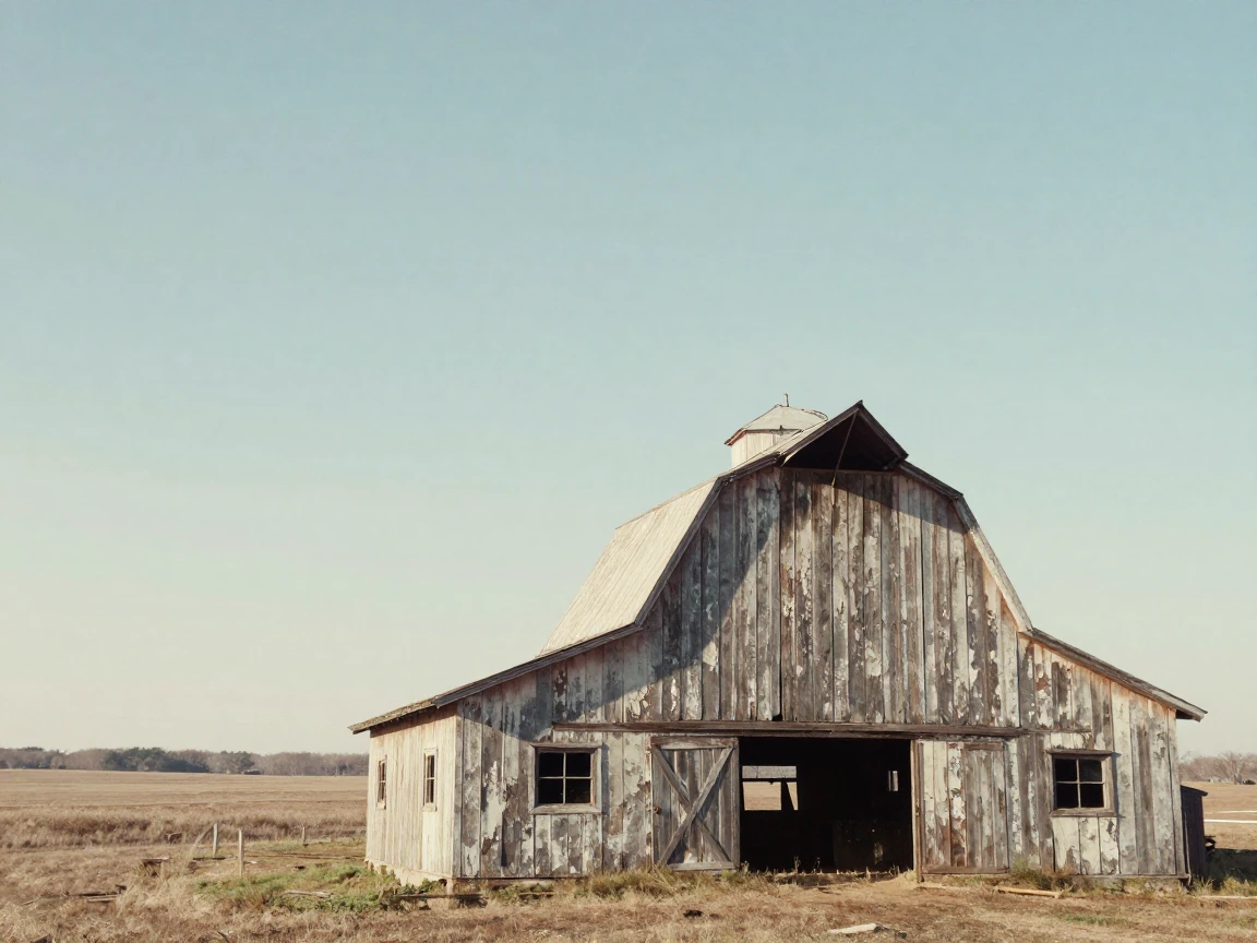 An old wooden barn with peeling paint under a wide open sky, in soft window light, in crisp, dry air, in early spring, in soft muted pastels, from behind, looking toward the horizon.