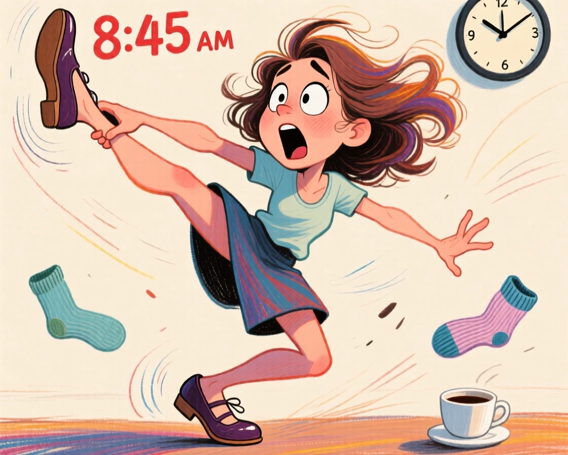 A woman balancing on one foot trying to put on a shoe while running late.