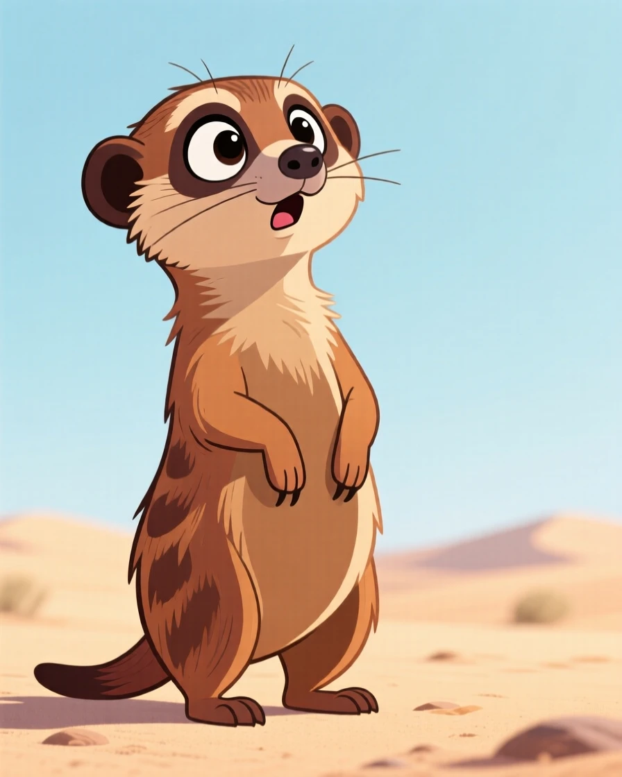 A charming animal moment featuring a curious meerkat standing tall on its hind legs, scanning the horizon with wide eyes.