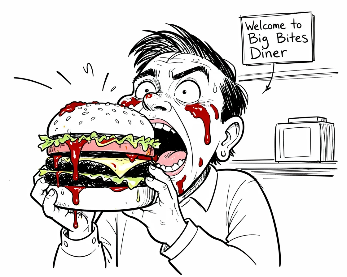 [Funny & Exaggerated Situations] Comical scene of a diner customer with food all over their face mid-bite of a huge burger, exaggerated for maximum laughs