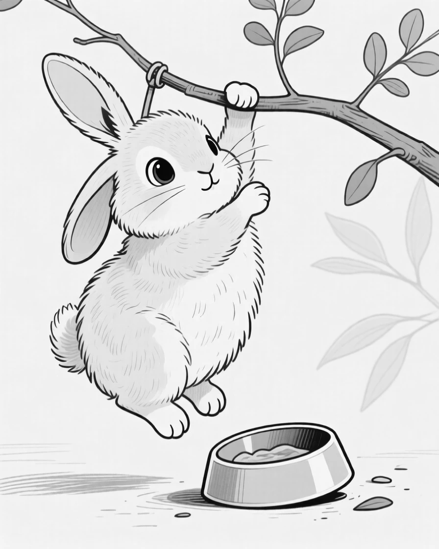A fluffy bunny with one ear standing straight up, peeking out with only its eyes visible, set hanging from a eucalyptus branch. A food bowl sits tipped over and empty. The scene captures unconditional, goofy love.