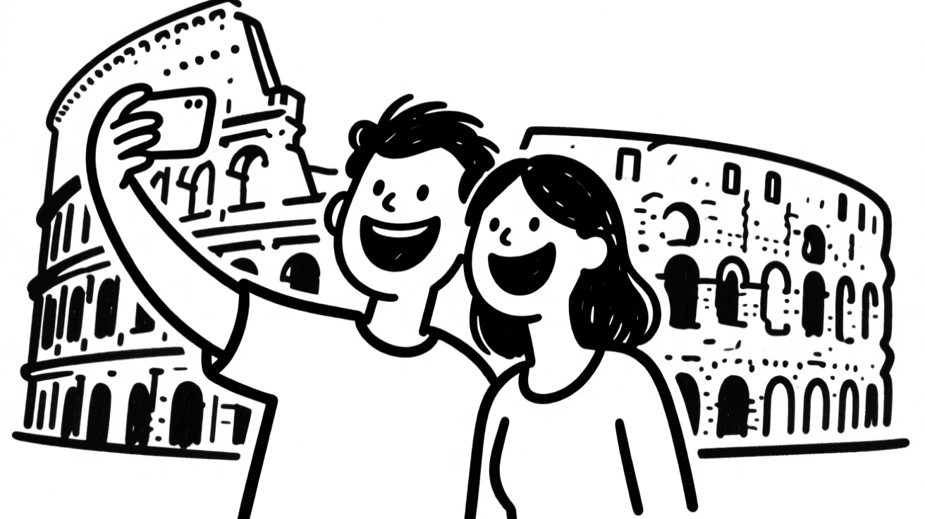 A couple taking a selfie in front of the Colosseum in Rome, huge smiles on their faces.