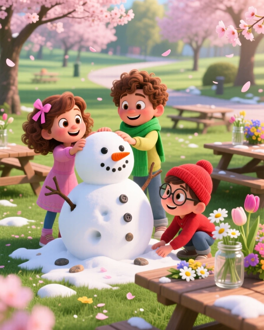 Children building a lopsided snowman happens in a park filled with cherry blossoms, with fresh flowers decorating every table. A bright, merry energy fills the entire scene.