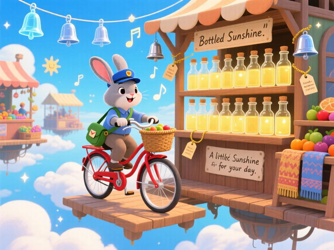 In a floating market above the clouds, a rabbit postman on a bicycle spends the day keeping a shop that sells bottled sunshine, while soft chimes ring from unseen bells.