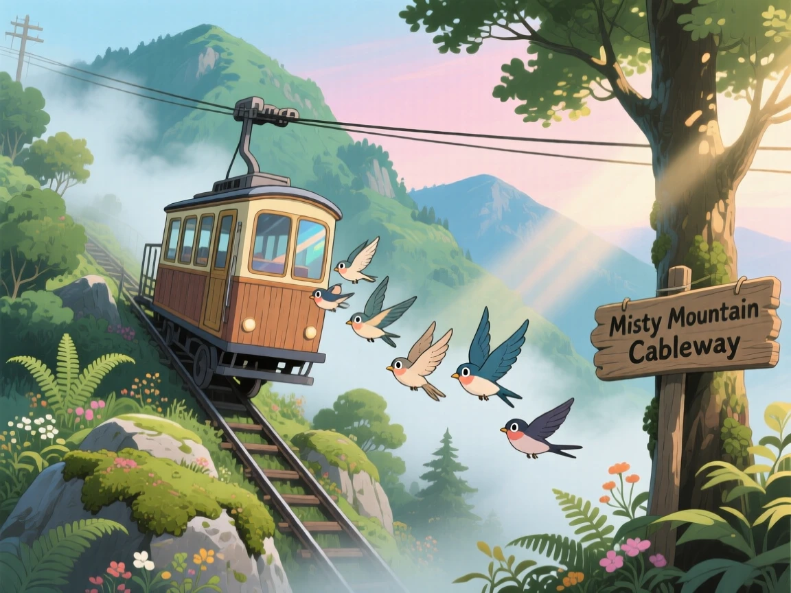 A charming scene of a cable car climbing steeply up a misty mountainside, as birds fly alongside it.
