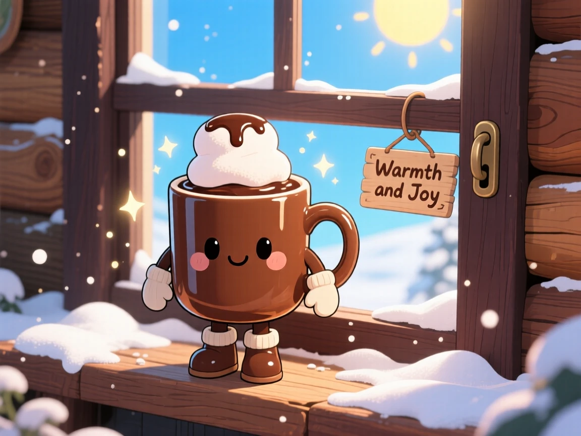 A cozy mug of hot chocolate wearing a marshmallow hat, framed as a full-body shot within a snowy cabin windowsill, under a clear summer sky, glowing under bright midday sun, evoking bubbly enthusiasm.