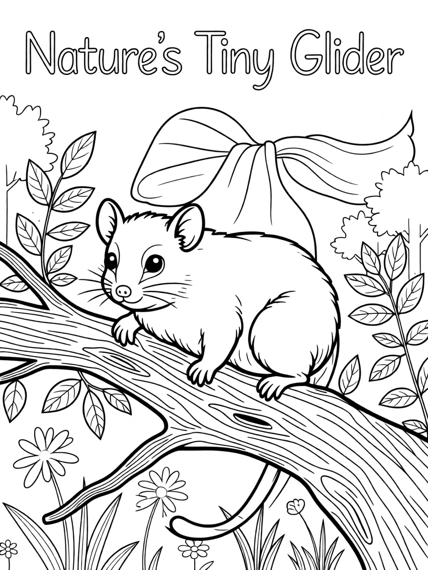 A sugar glider sitting on a weathered tree branch, with scales that catch glints of light.