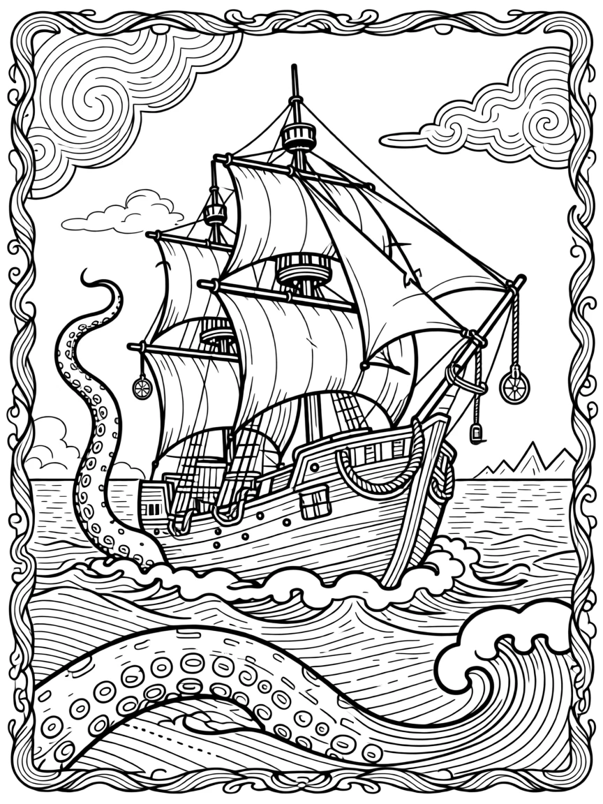 A kraken's tentacles rising from the depths around a sinking ship.