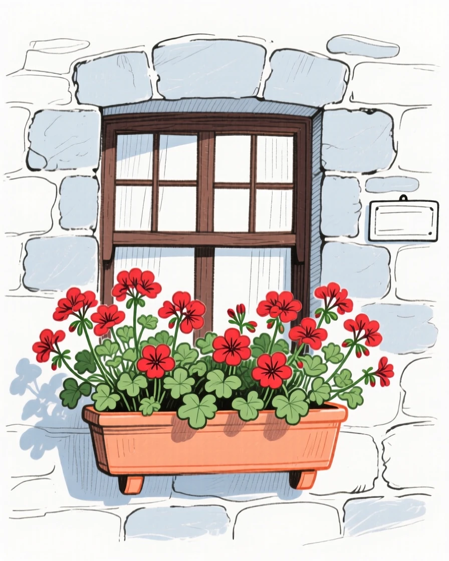 A window box overflowing with geraniums on a stone house.