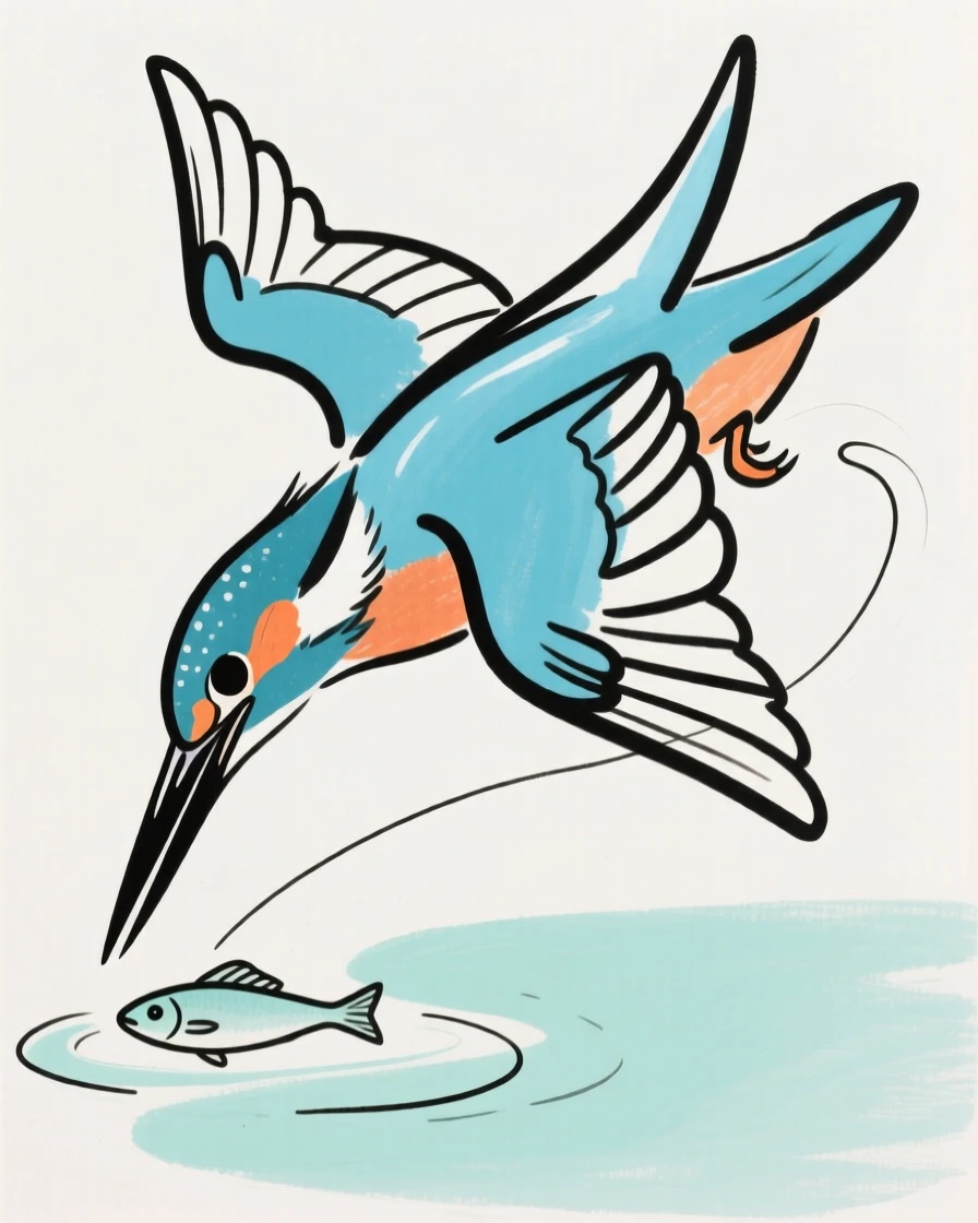 A kingfisher diving for fish