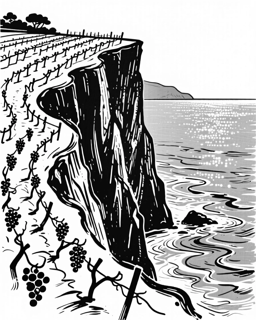 A dramatic cliffside vineyard overlooking a sparkling coastal sea.