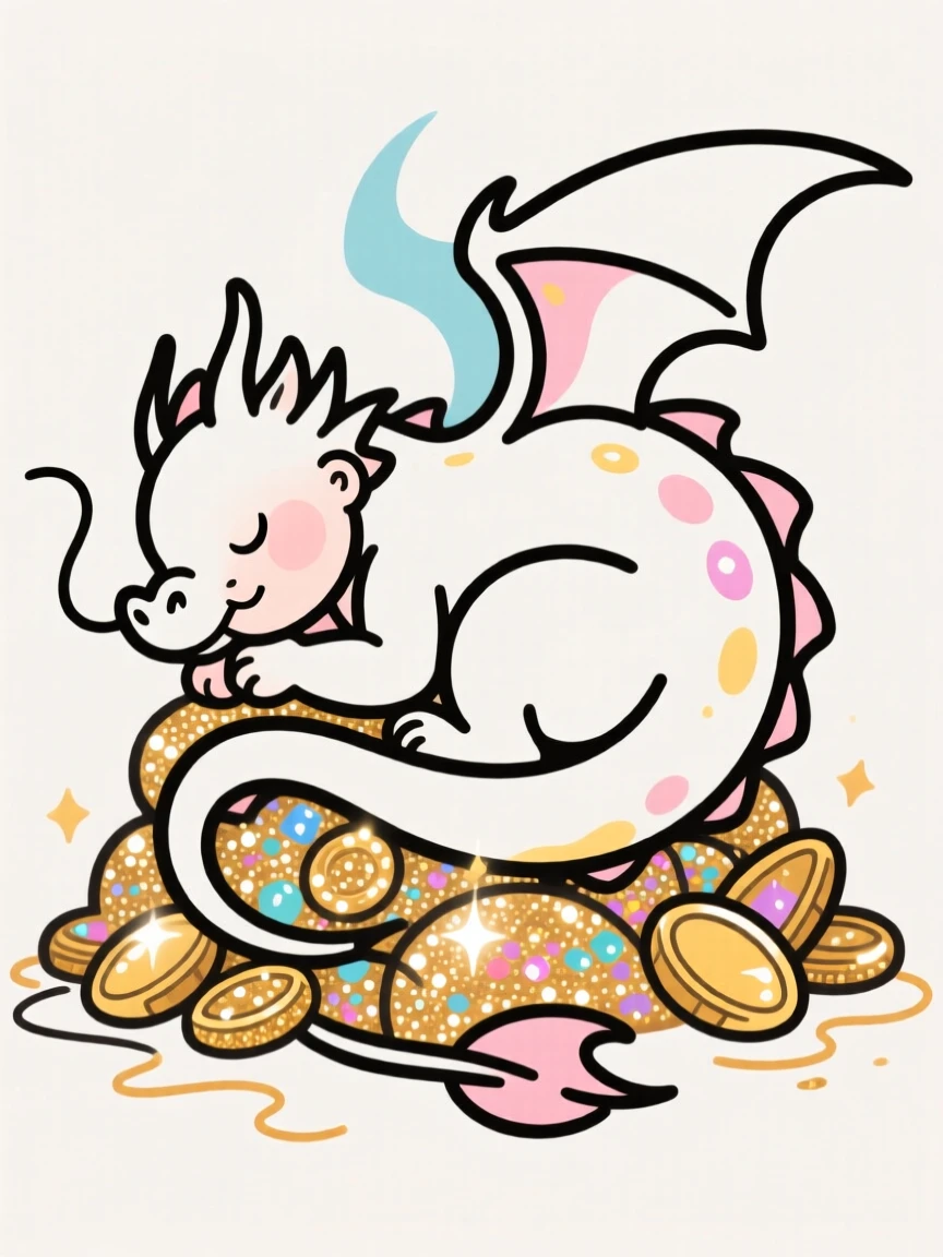A baby dragon curled asleep atop a pile of glittering treasure.