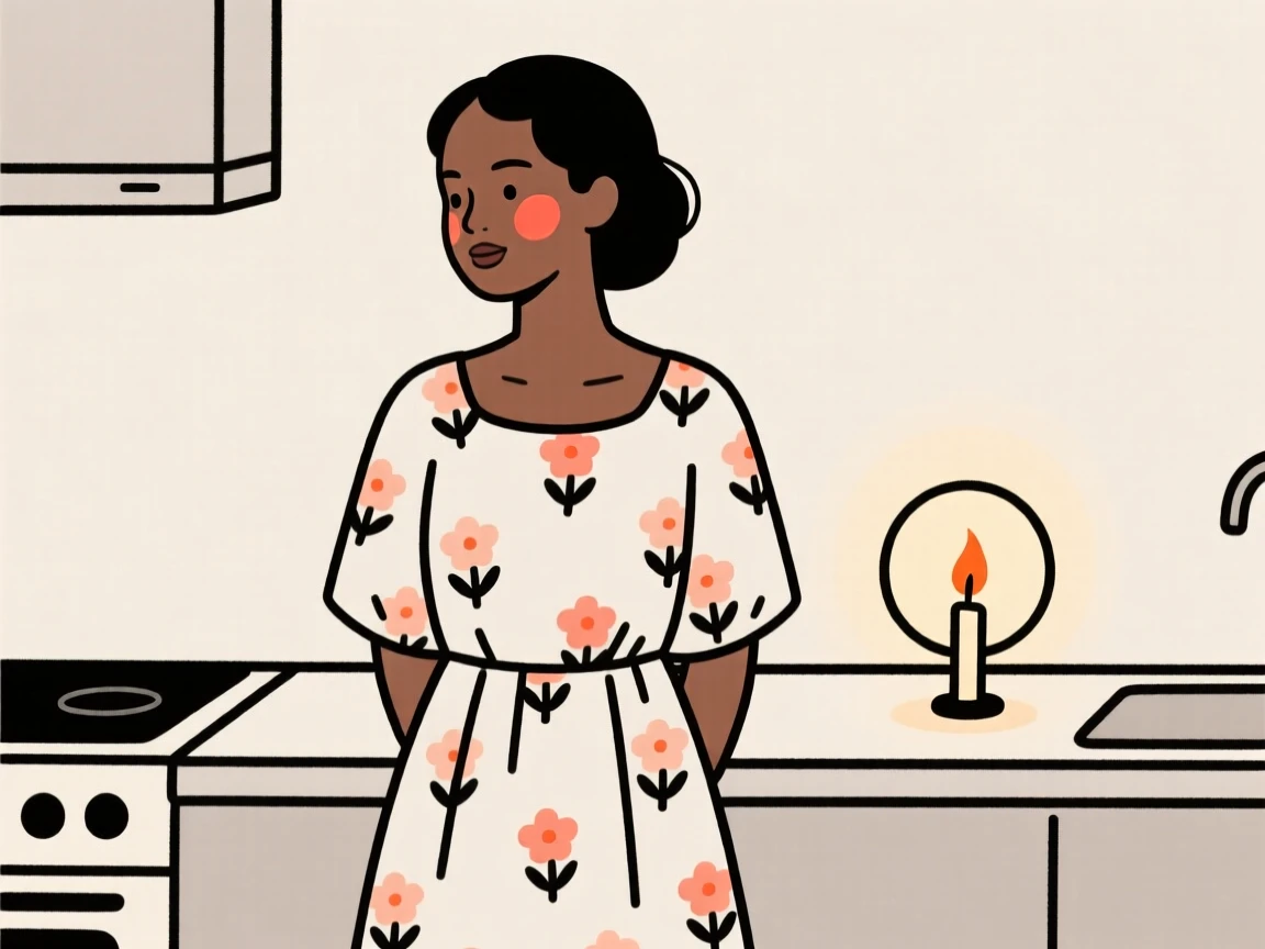 A young woman of Ethiopian heritage in a floral summer dress, exuding gentle warmth, in a cozy candlelit kitchen.