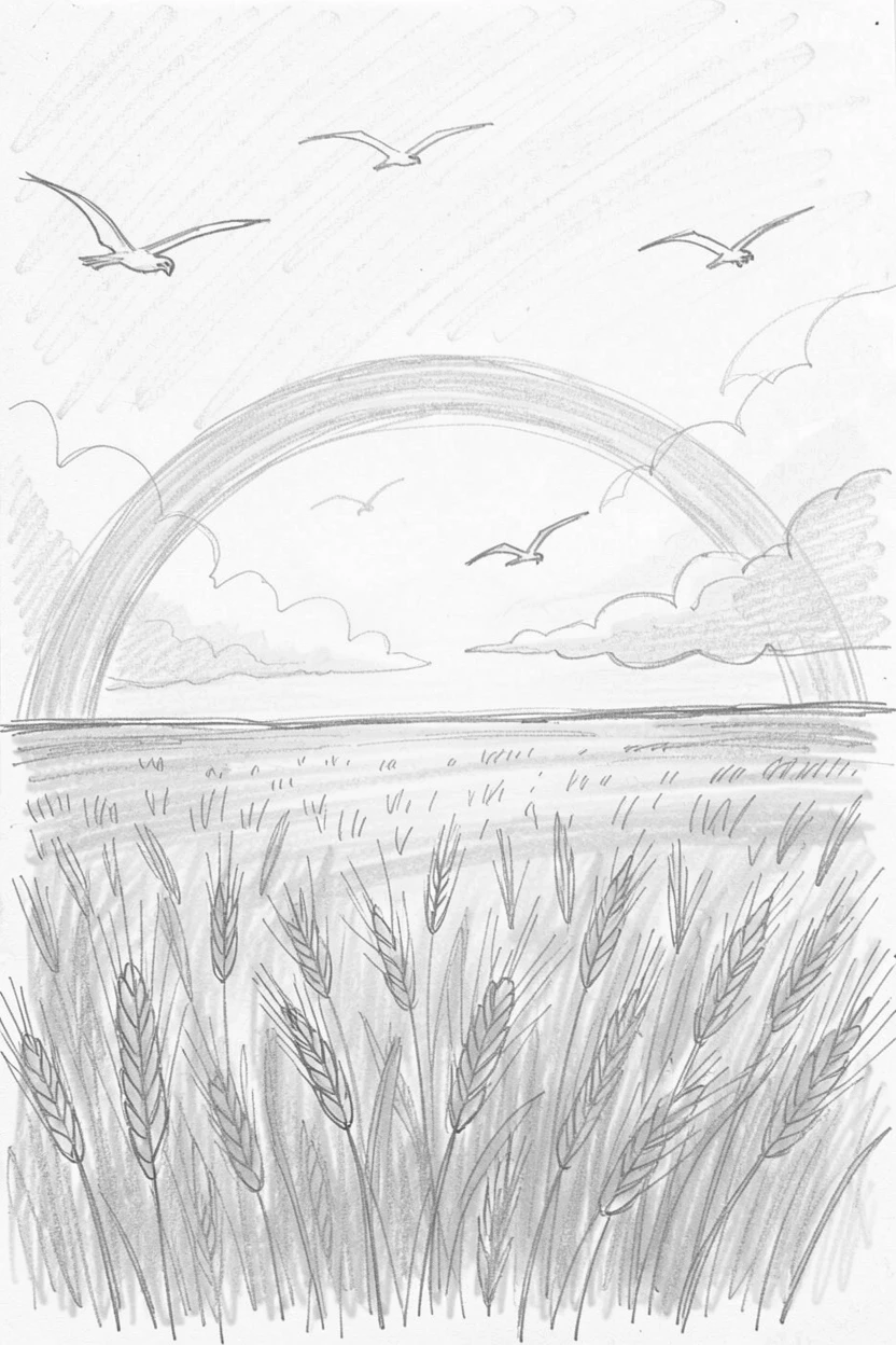 A golden wheat field at sunset, under a rainbow arching after a storm, with birds soaring overhead.