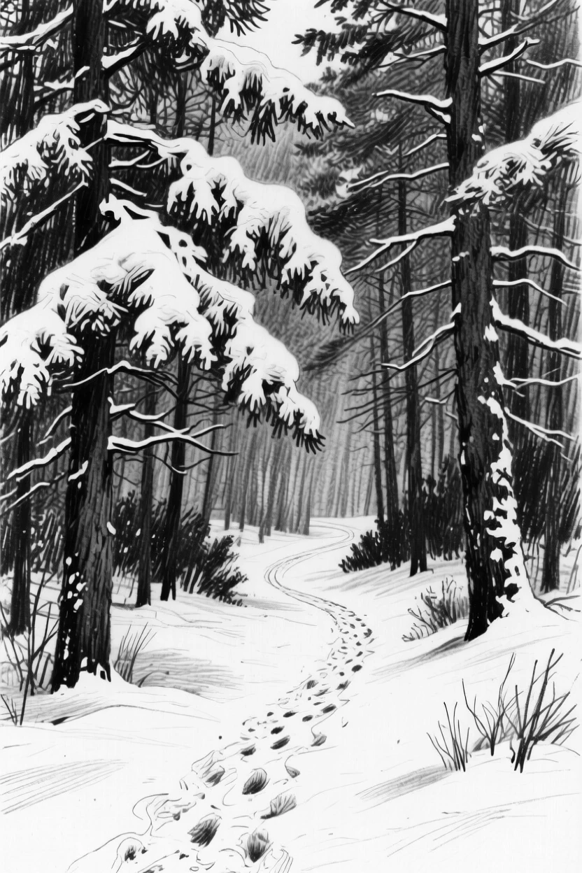 A pine forest blanketed in fresh snow with a lone winding path leading into the distance.