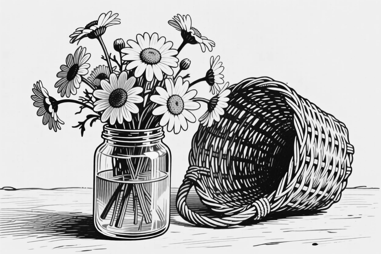 A bunch of daisies in a jar spilling out of a wicker basket, with the texture of each petal richly defined, composed in a warmly inviting still-life arrangement.