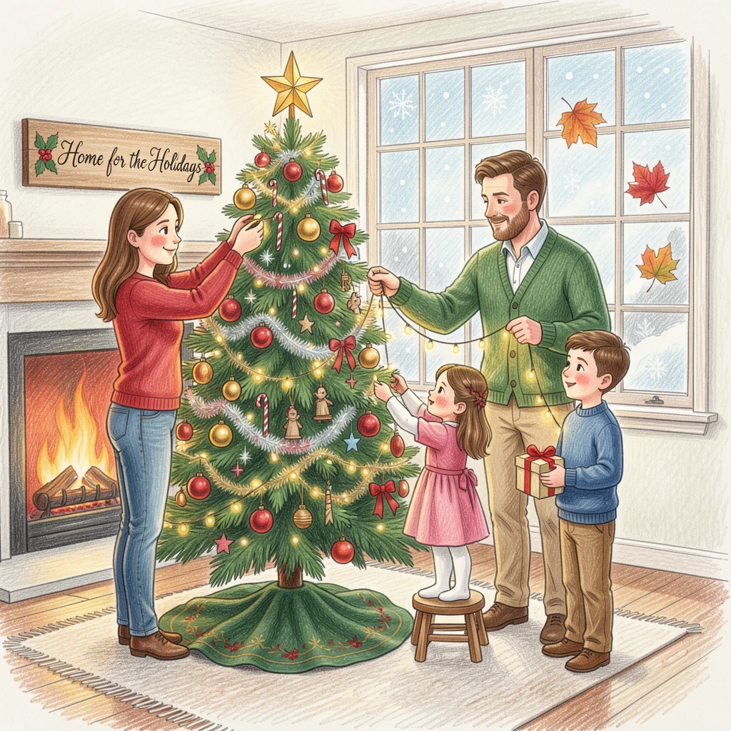 A family decorating a Christmas tree together in a cozy living room, with gentle snowfall or falling leaves drifting through the scene, evoking treasured family memories and togetherness.
