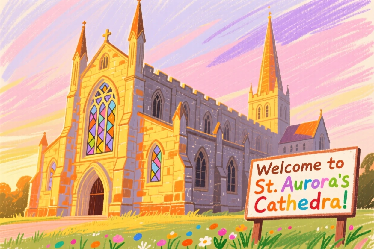 A grand cathedral illuminated by golden evening light.
